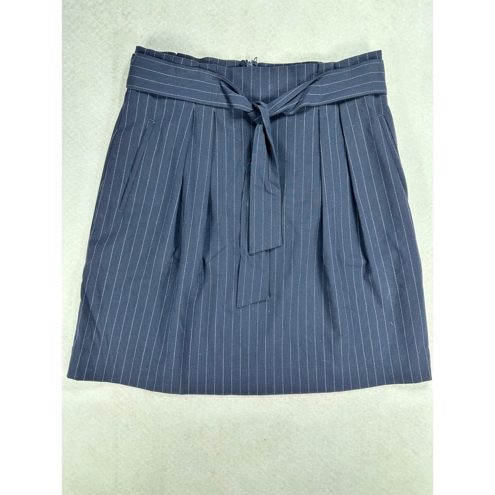 HM Navy Blue Pinstripe Tie Waist Pleated Mini Skirt Size 10 Office Professional
